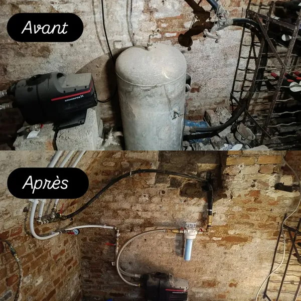 Pose d'une pompe surpresseur en cave chez un client souhaitant alimenter son réseau d'eau domestique pour WC et arrosage – Rethel